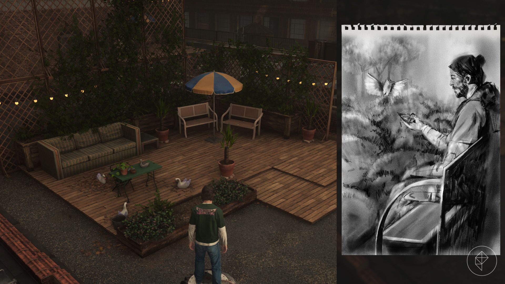 Dylan standing on a rooftop patio with swan ornaments and potted plants in Control Resonant.