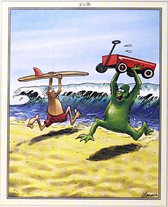The Far Side creature surfing wagon