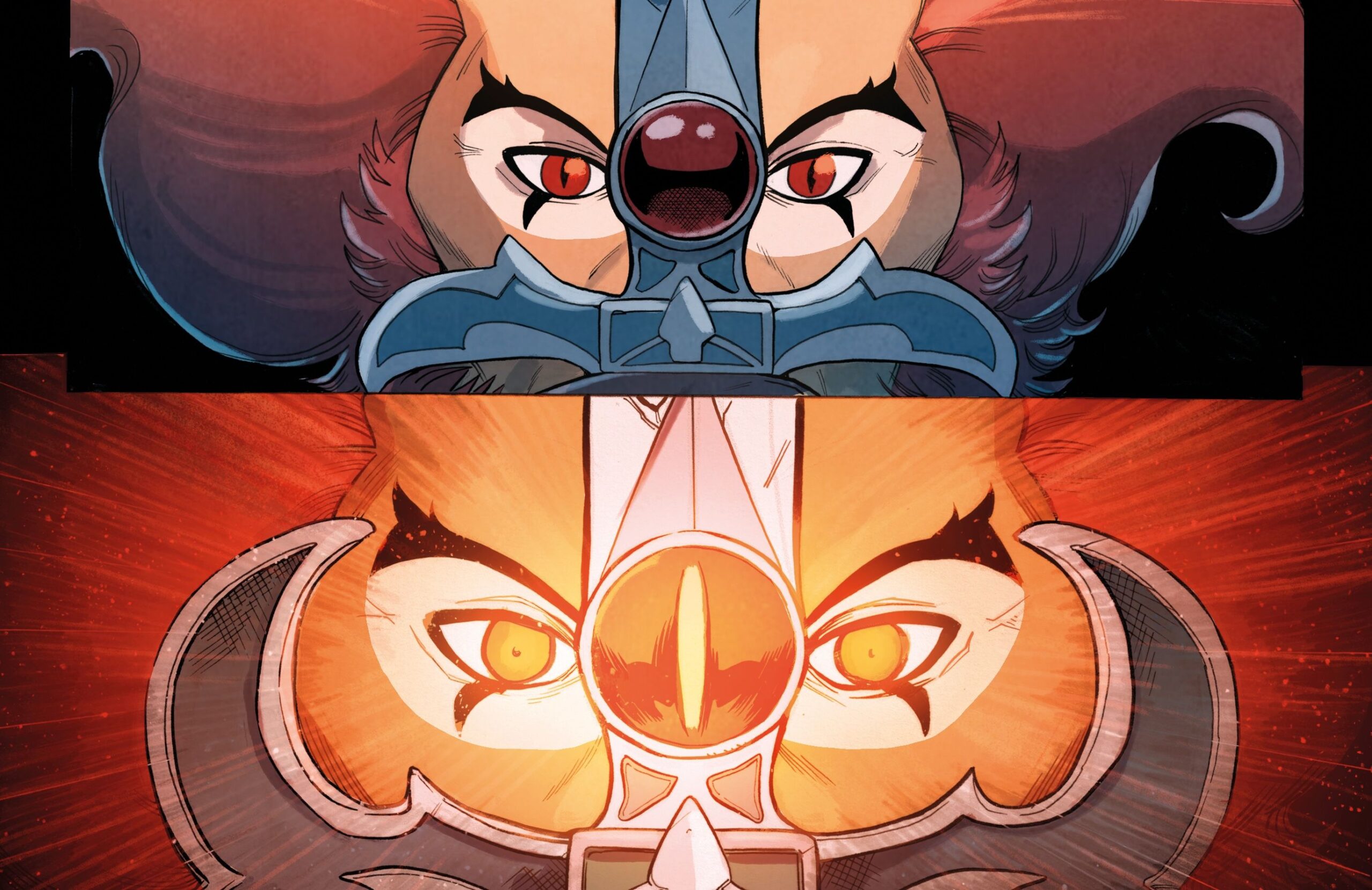 Two panels from Dynamite's Thundercats comics, closeups on Lion-O's eyes as he activates the Sword of Omens' sight beyond sight power