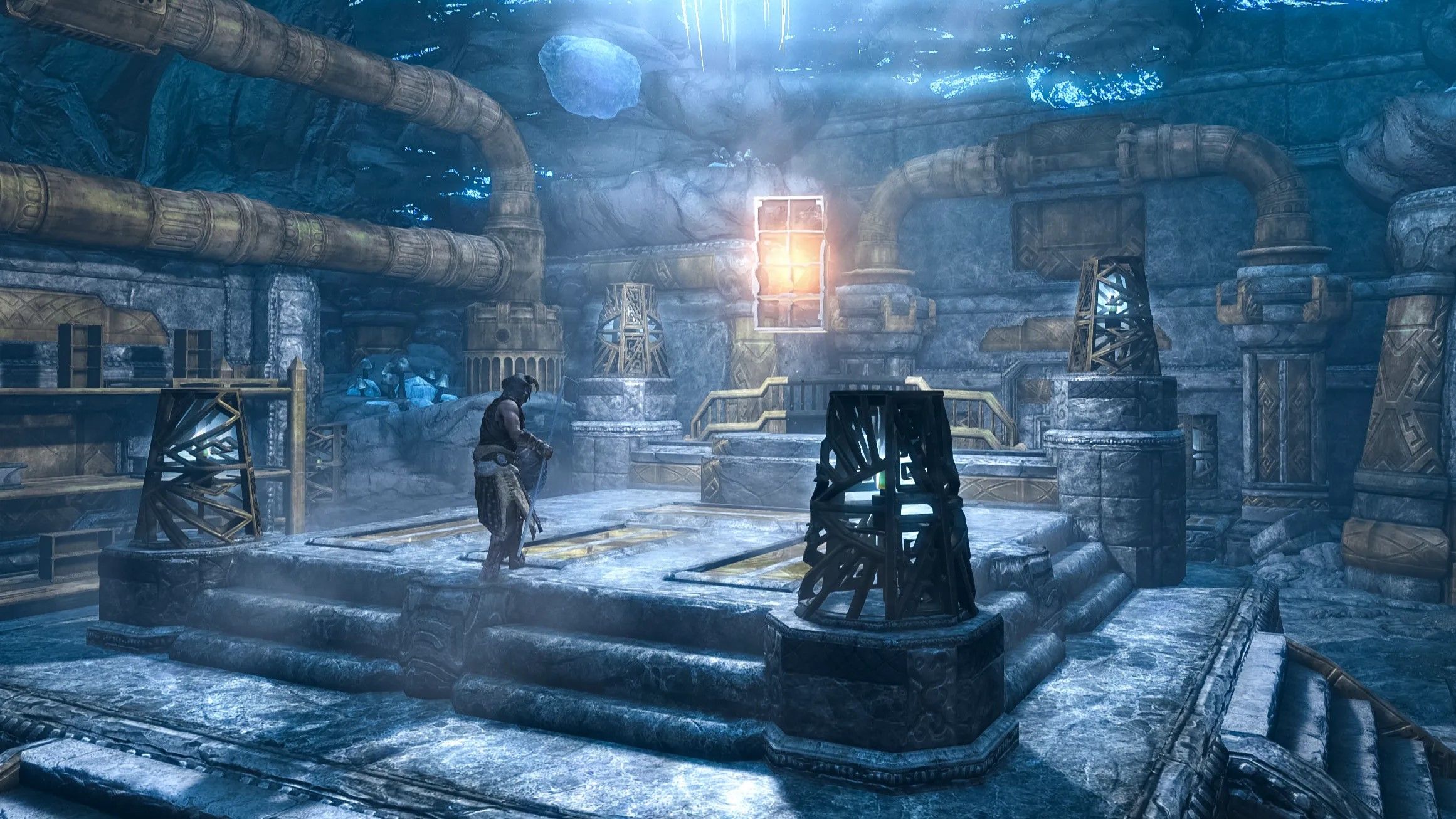 The Dragonborn meets a sentient shelf in Skyrim.