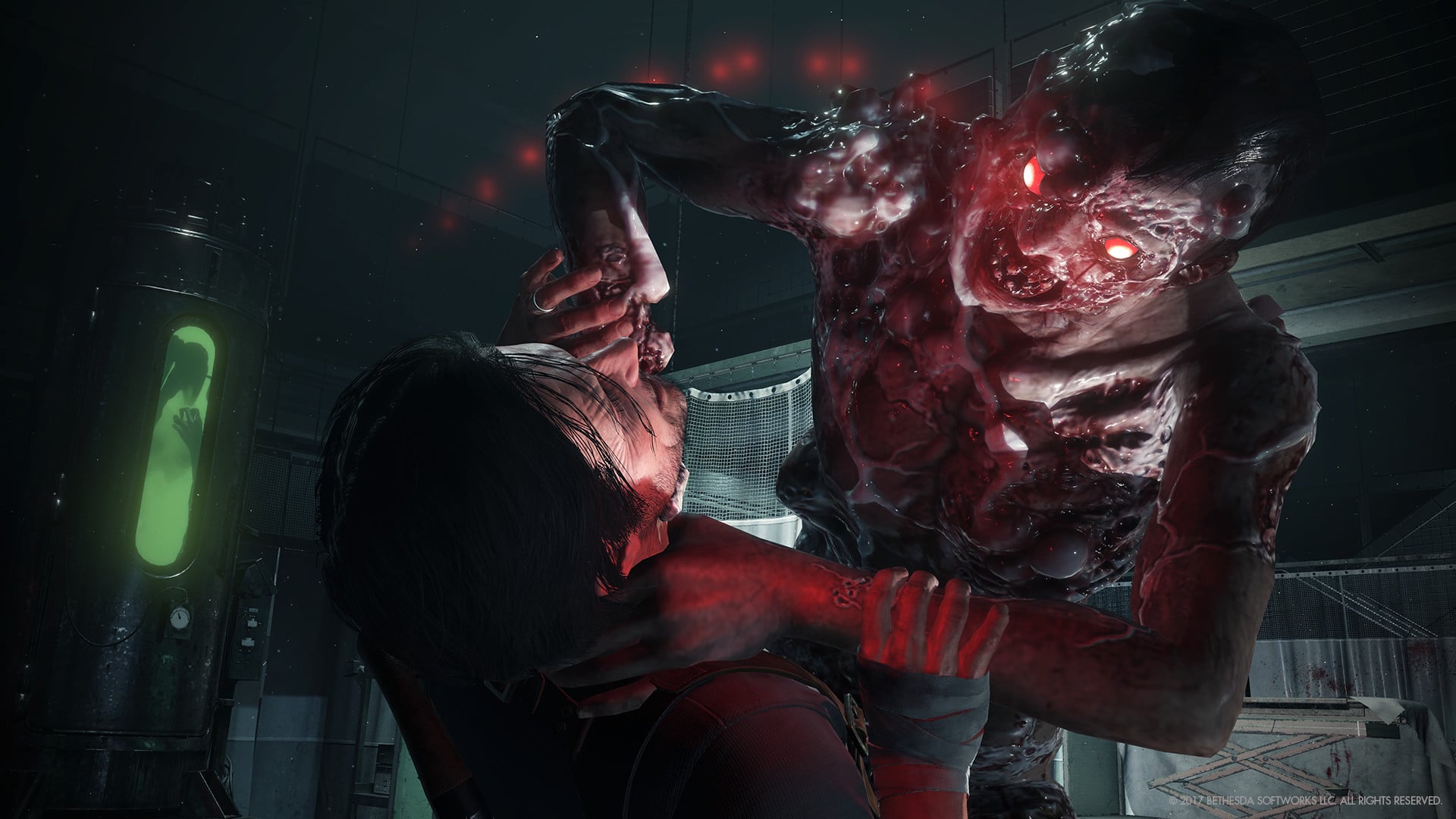 A man fights a monster.