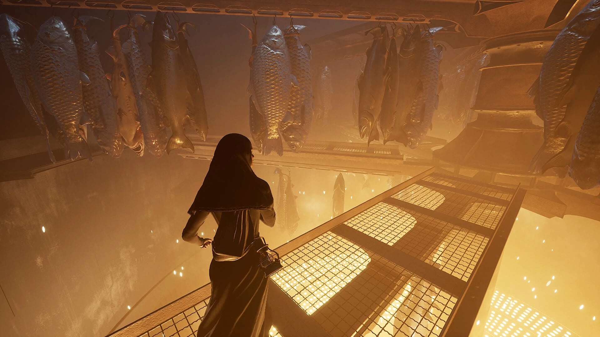 A woman walks among big fish.
