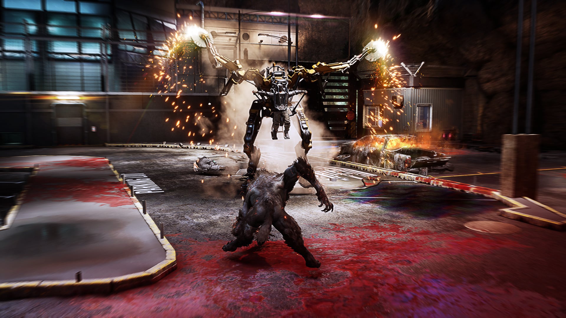 A werewolf fights a robot.