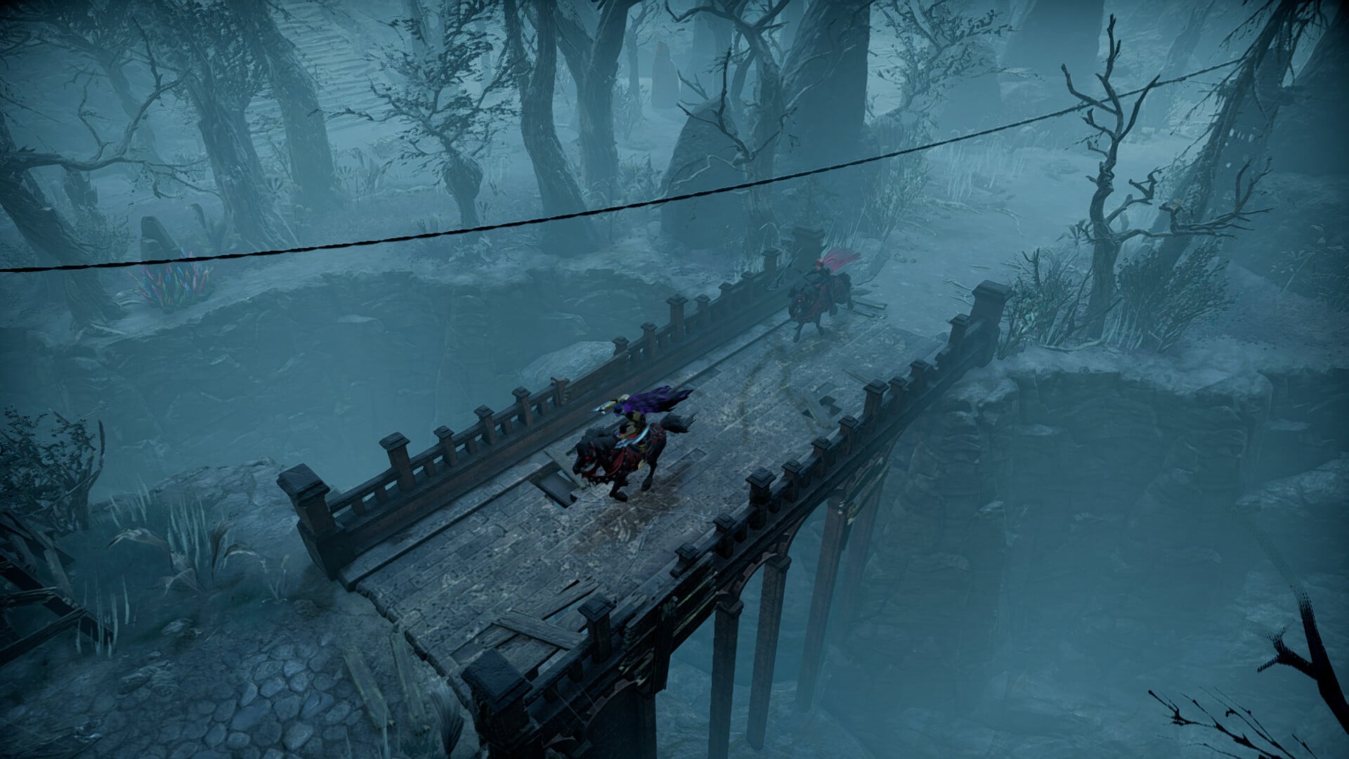A vampire rides a horse through the woods.