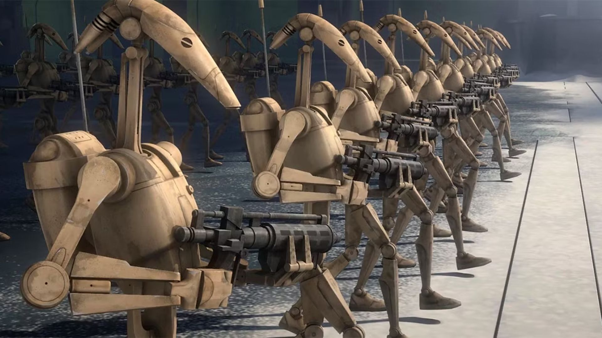 A row of beige battle droids marching in battle formation