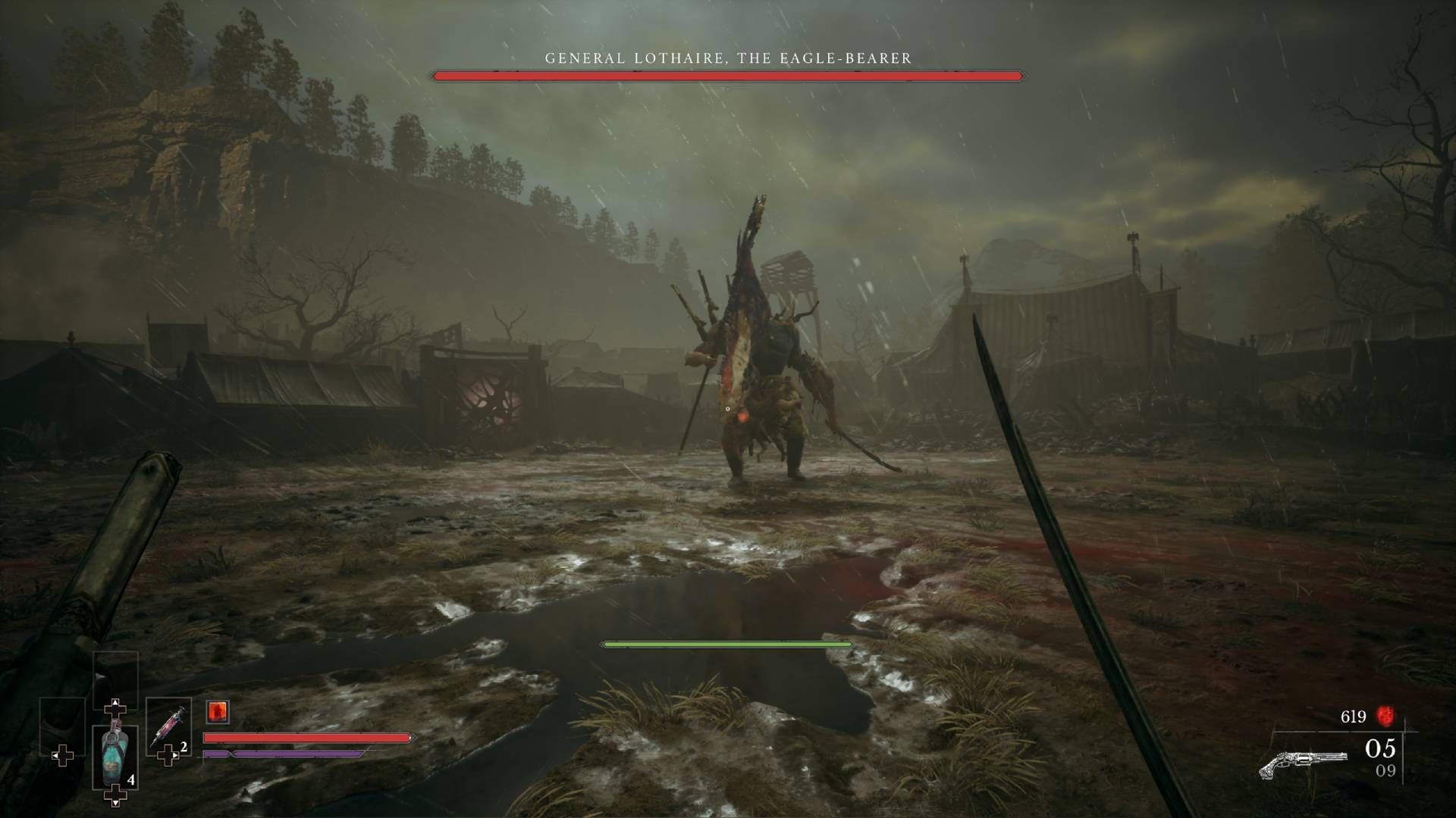 The player in Valor Mortis wielding a cutlass, facing off against the first boss in the demo.