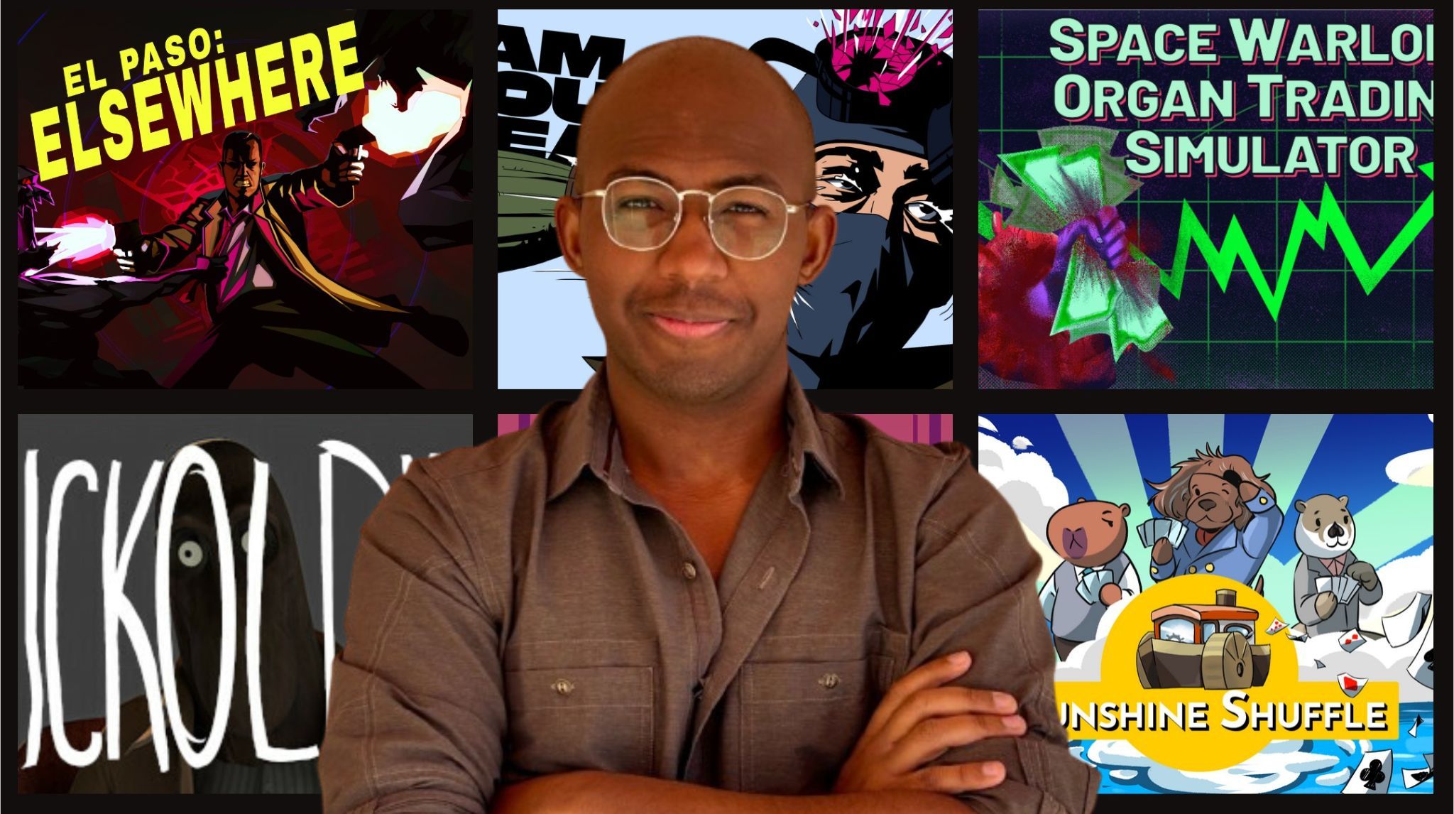 A photograph of Xalavier Nelson Jr. superimposed over a background featuring logos for several games made by his studio Strange Scaffold