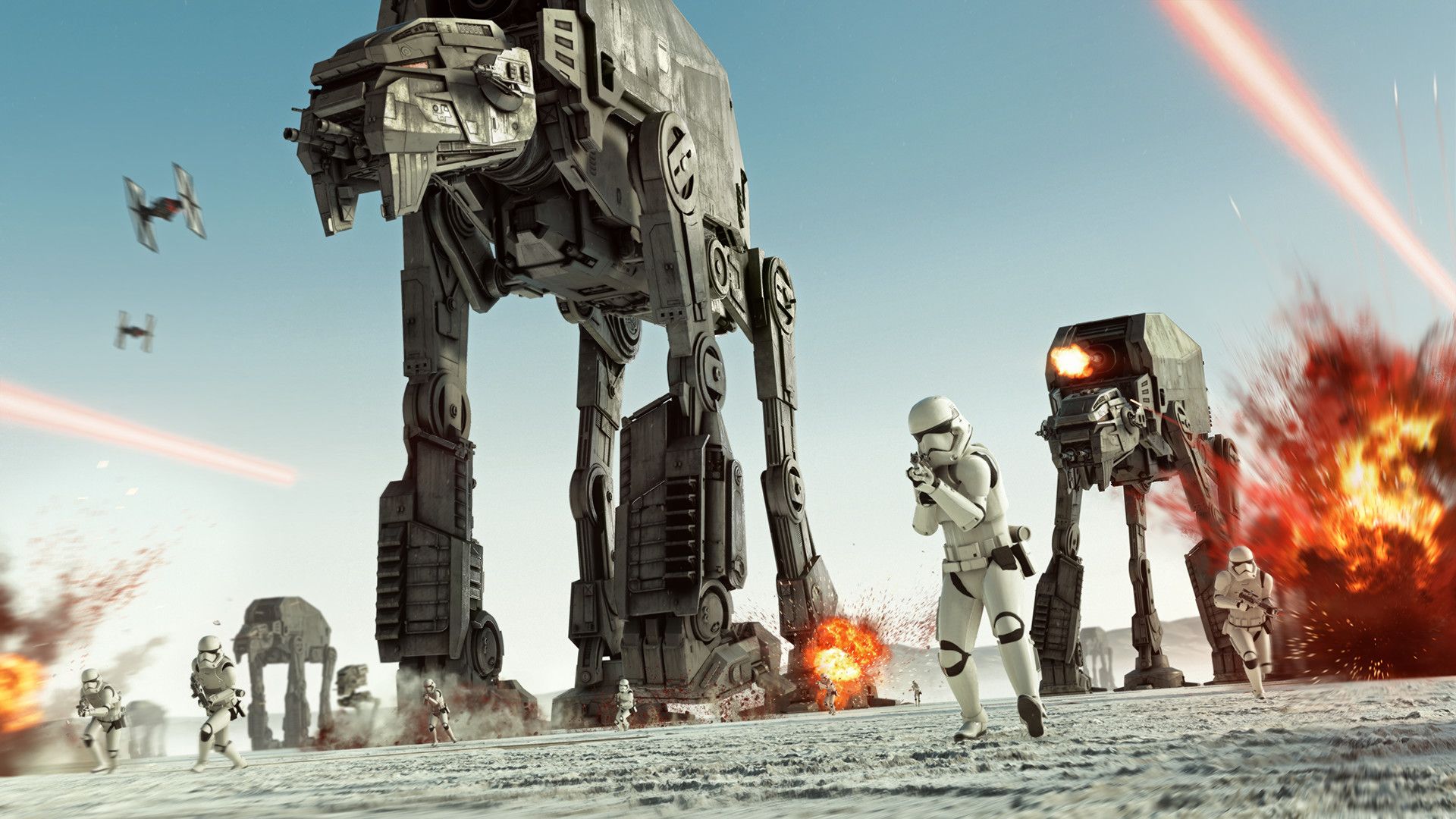 A group of Stormtroopers fight alongside AT-M6s on Krait in a screenshot from Star Wars Battlefront 2