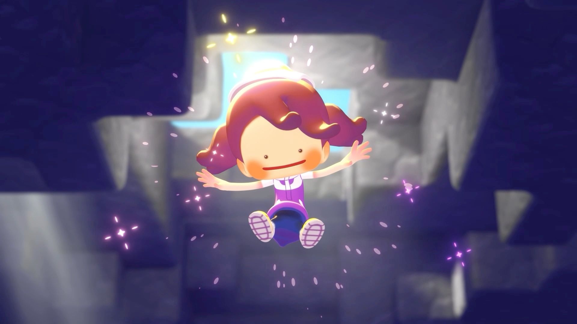 A Ditto in the form of a person floats in the air in Pokemon Pokopia.