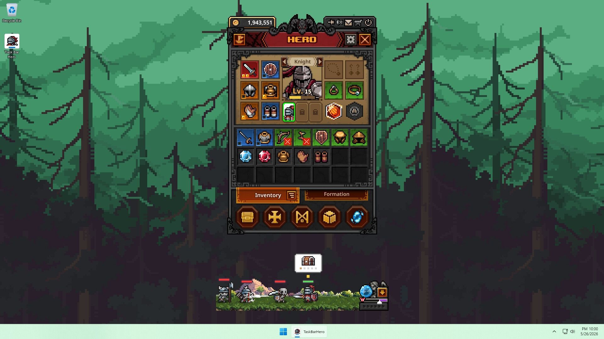 A screenshot from TBH Task Bar Heroes depicting an item inventory screen and the game's taskbar battles.