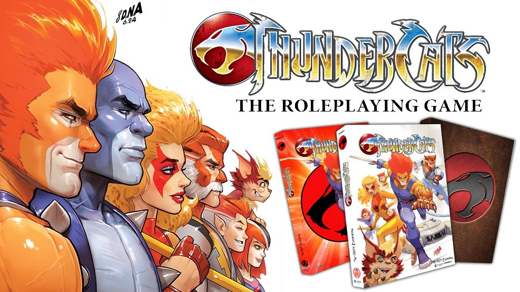 A splash image for Lynnvander Studios' Thundercats: The Roleplaying Game, with Dynamite Comics' renditions of characters from the 1980s Thundercats cartoon, next to book mockups of the TTRPG sourcebook