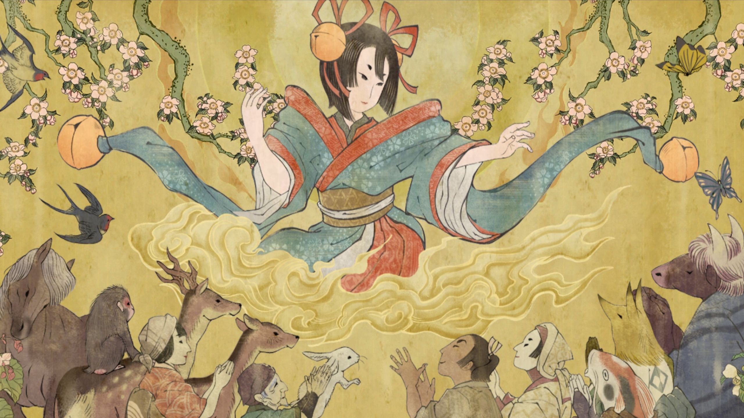 A story slide from Towa and the Guardians of the Sacred Tree, showing a stylized form of Towa caring for her village
