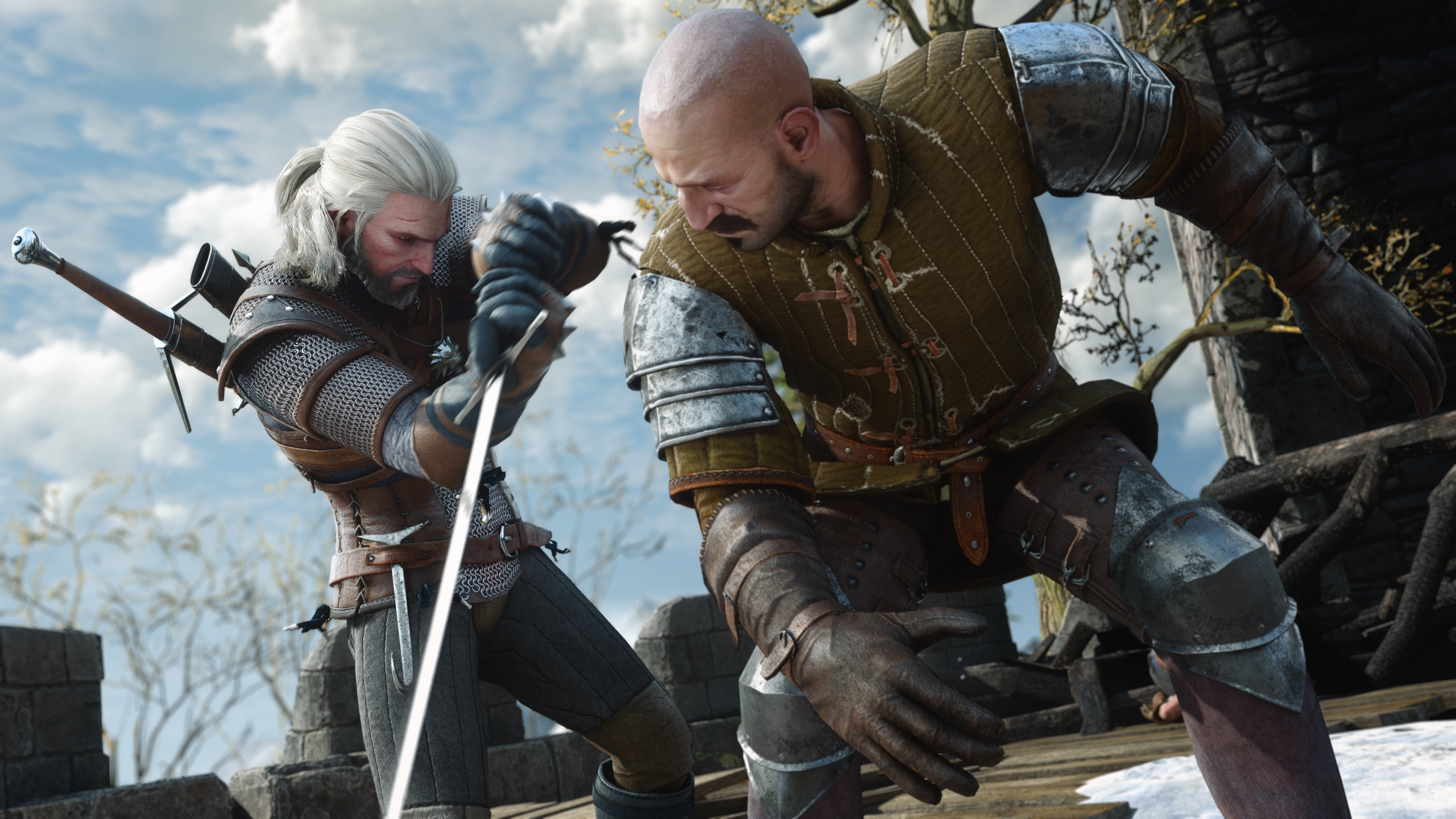 Geralt in sword combat with a soldier