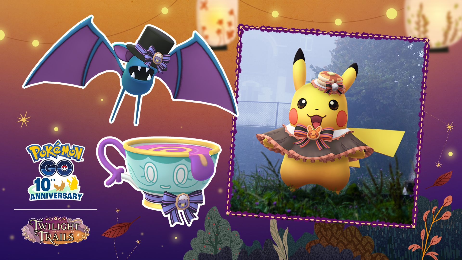 A Zubat, Sinistea, and Pikachu in Halloween outfits in Pokémon Go