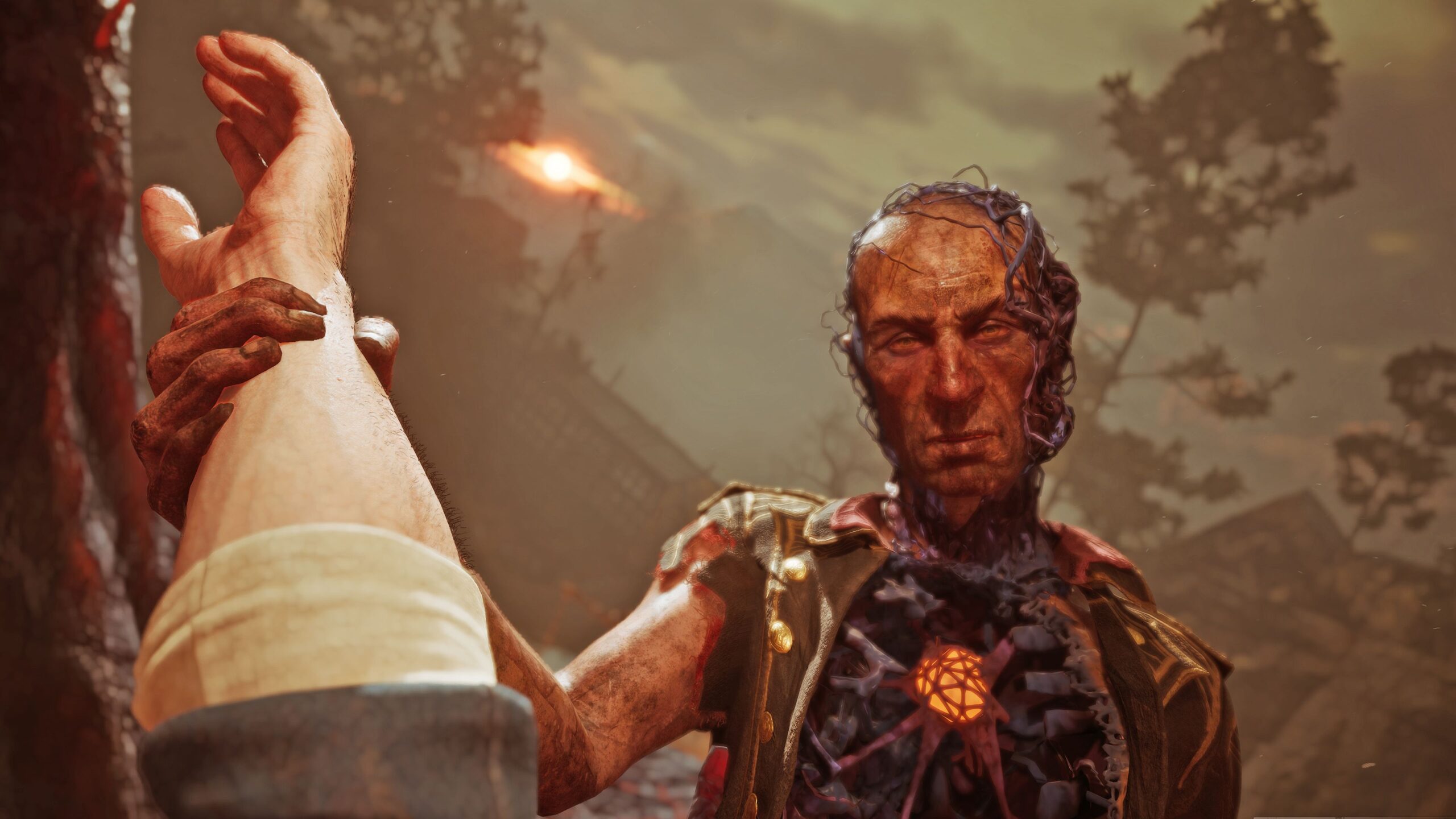 The player is grabbed by a mutated person in Valor Mortis.