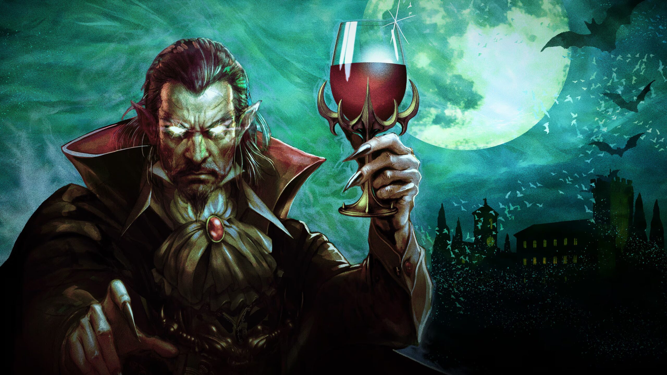 A vampire holds a wine glass in Vampire Crawlers key art.