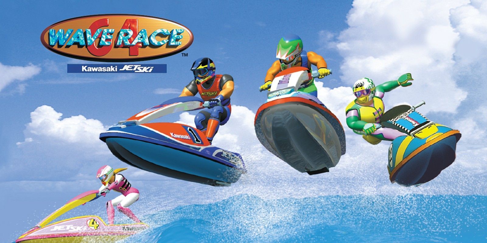 Wave Race 64 key art shows four Jet Ski riders, riding a wave and launching toward the viewer.