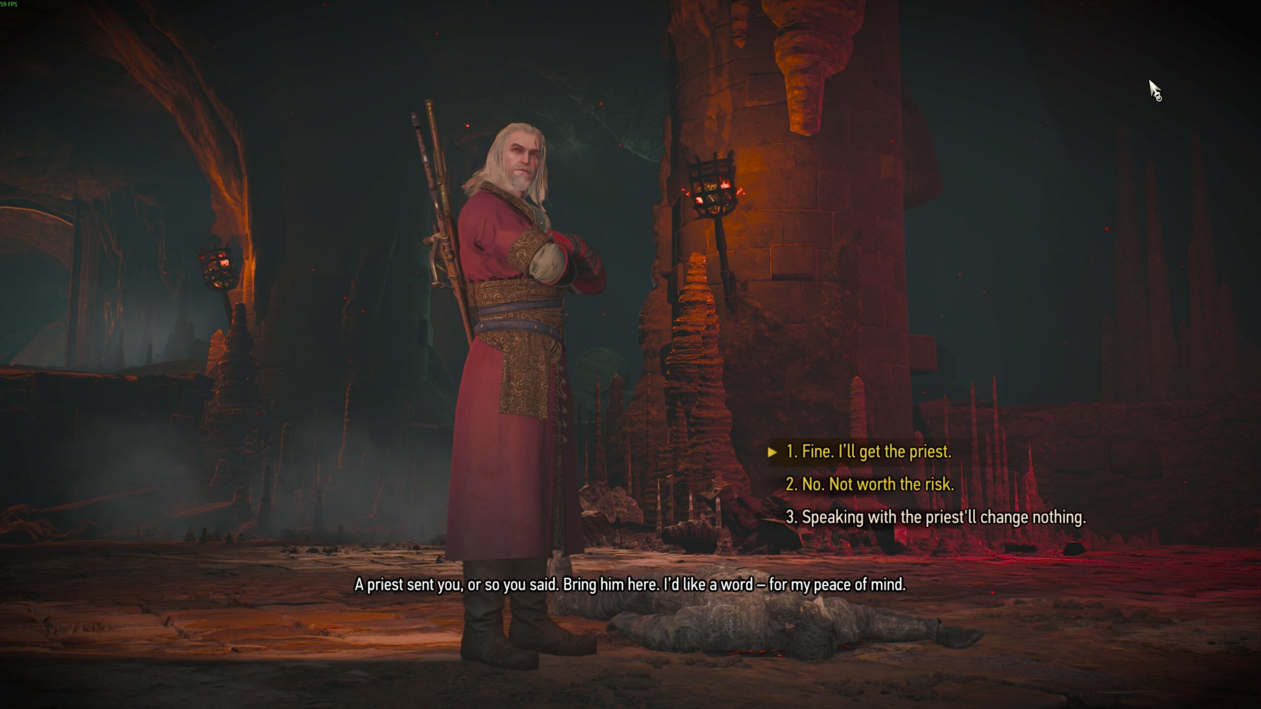 Geralt must choose whether to get the priest during the 'In the Eternal Flame's Shadow' quest in The Witcher 3: Wild Hunt.