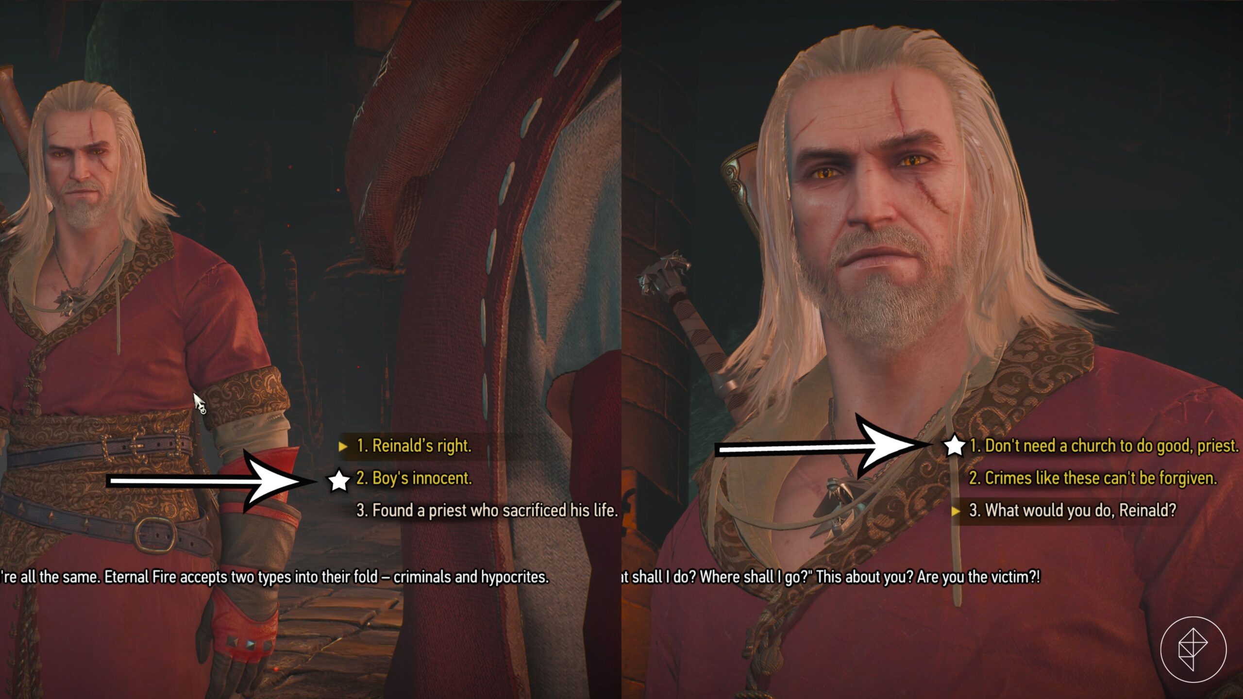 Arrows point to the best dialogue lines to get the good ending in the 'In the Eternal Flame's Shadow' quest in The Witcher 3: Wild Hunt.