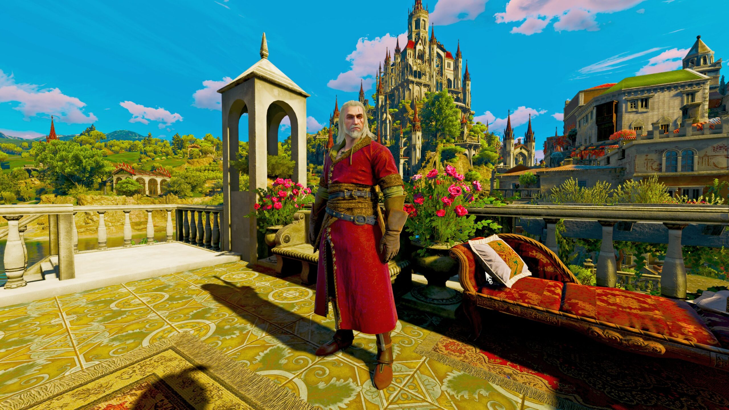 Geralt of Rivia in transmogrified armor in The Witcher 3: Wild Hunt.