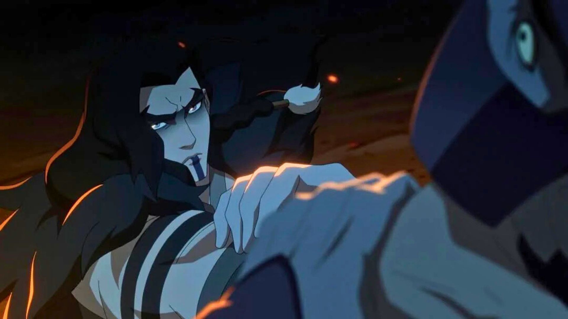 A screenshot of Yasha in Critical Role's animated series, The Mighty Nein. Tall and muscular, she holds up someone by the throat.