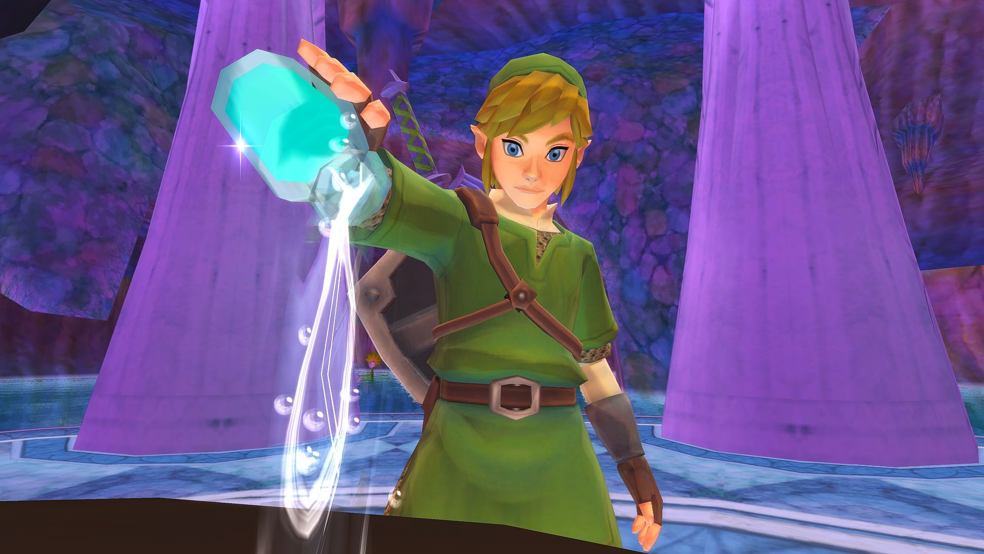 Link pours out a potion in a screenshot from The Legend of Zelda: Skyward Sword running on the Dolphin emulator