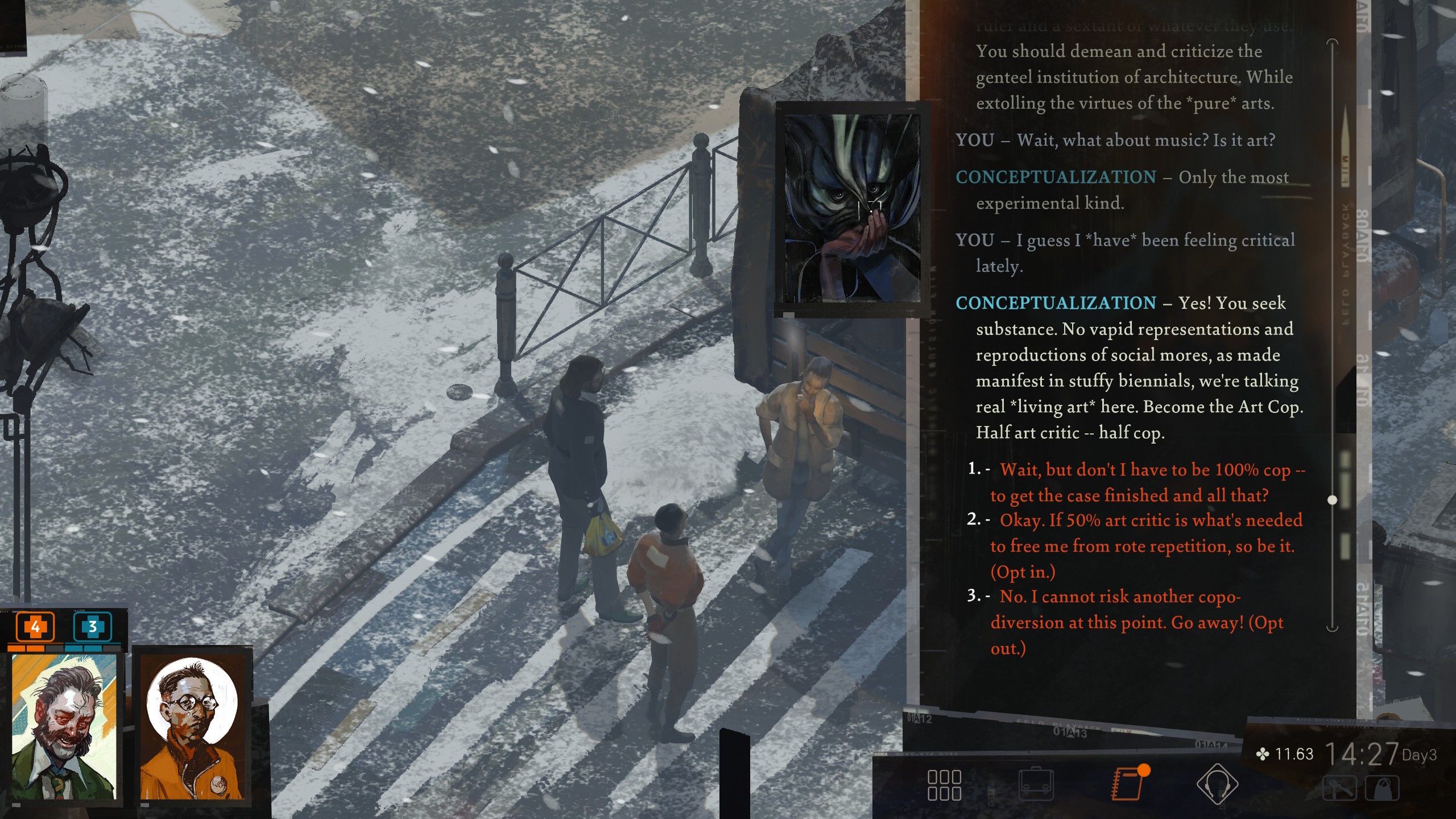Harry having a conversation with his conceptualization in Disco Elysium
