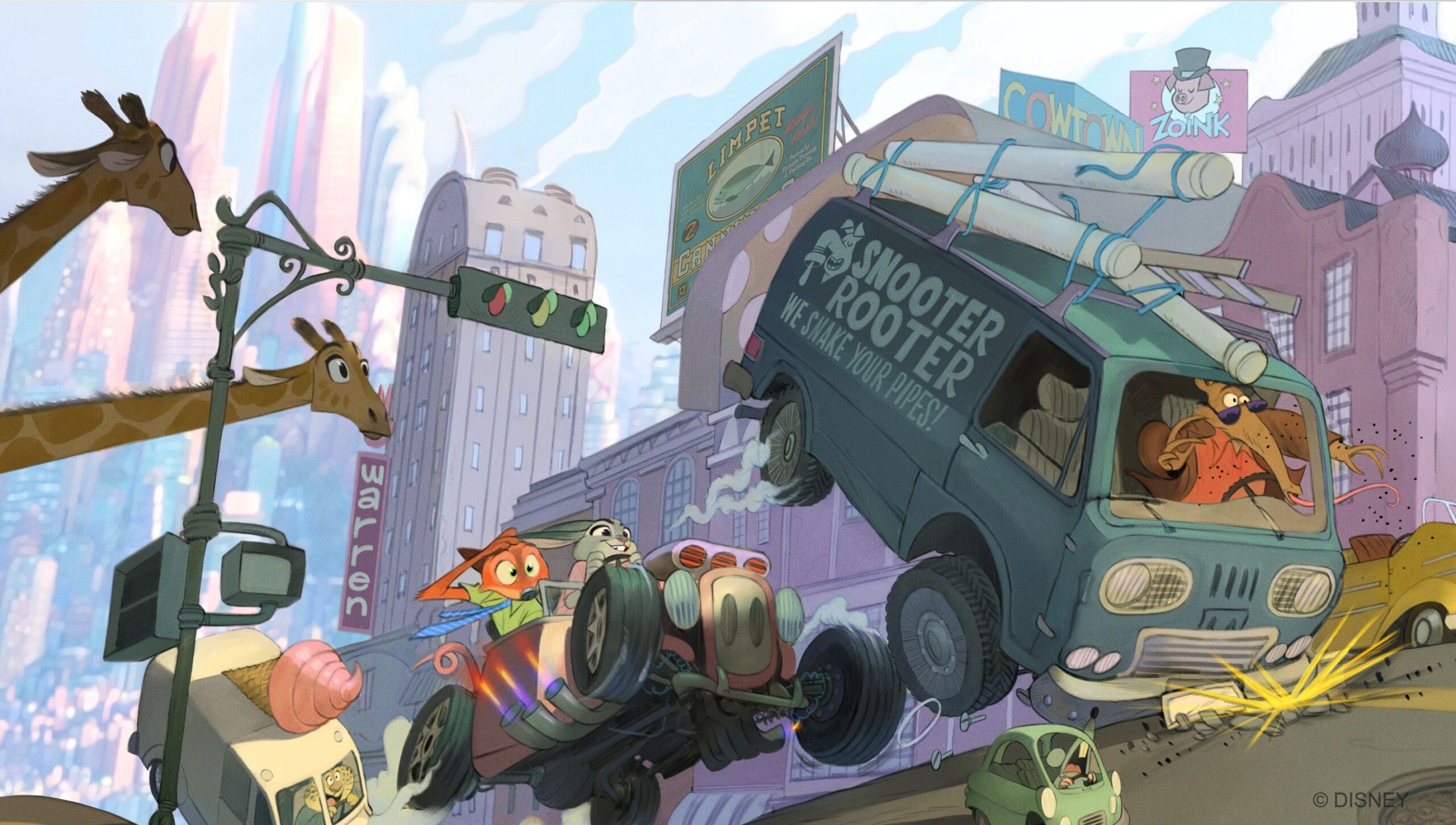 Concept art from Zootopia 2, with Judy and Nick in an old-timey souped-up car, chasing an anteater in a van marked "Snooter Rooter: We Snake Your Pipes!"